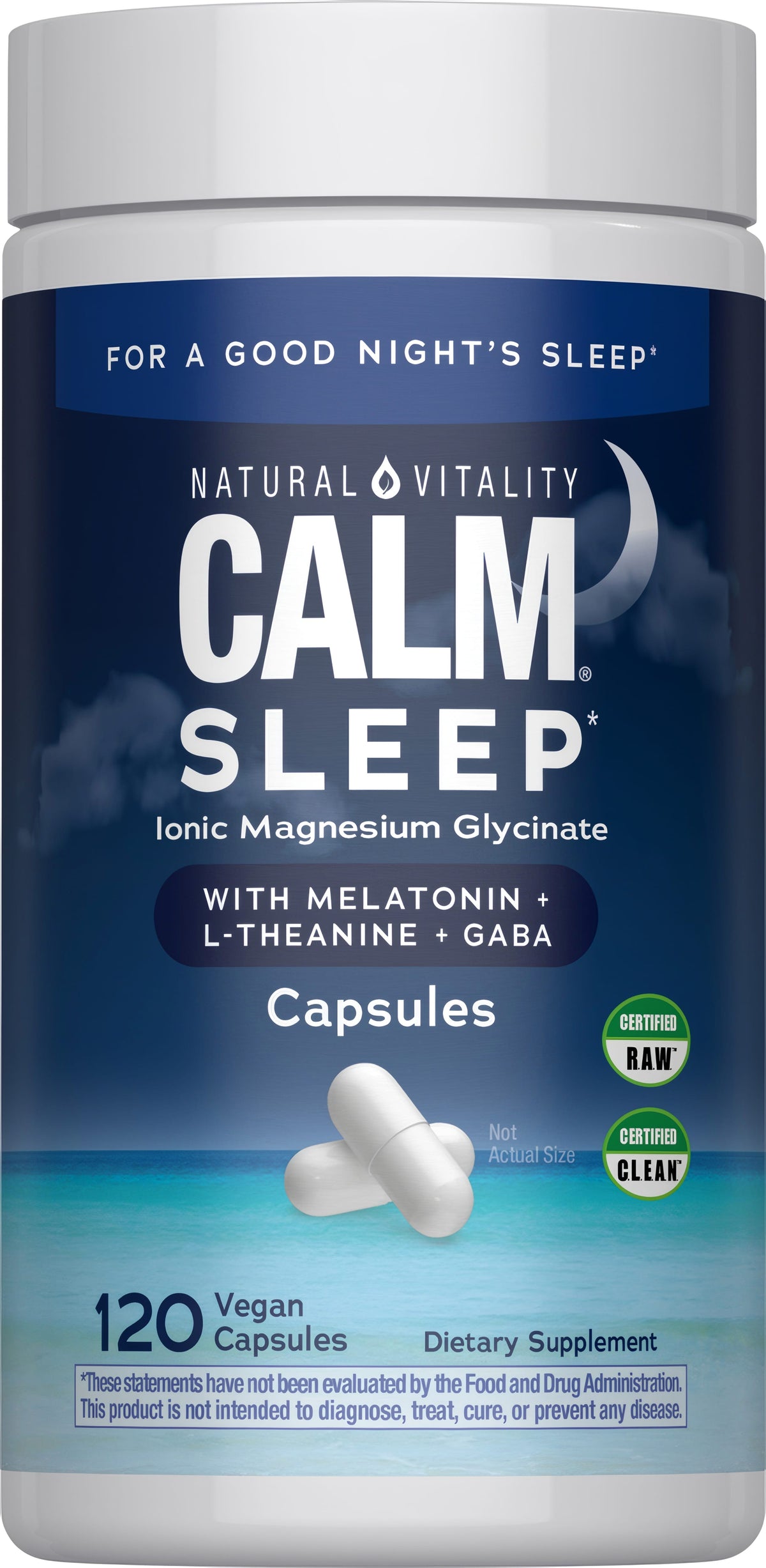 Natural Vitality Calm Sleep capsules with magnesium glycinate, melatonin, L-Theanine, and GABA; 120 vegan capsules.