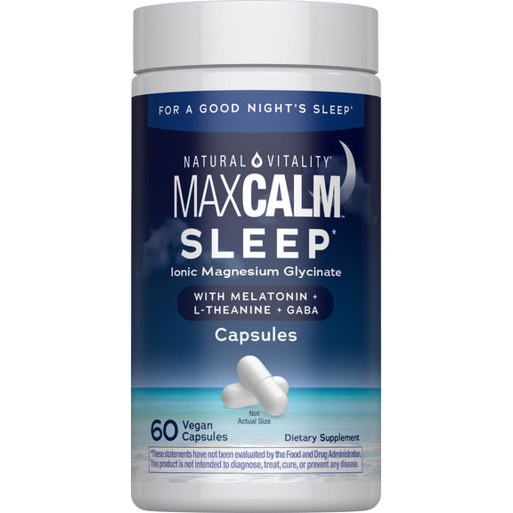 View 1 MaxCalm Sleep Ionic Magnesium Glycinate with Melatonin, L-Theanine, and GABA, 60 Vegan Capsules for restful sleep.