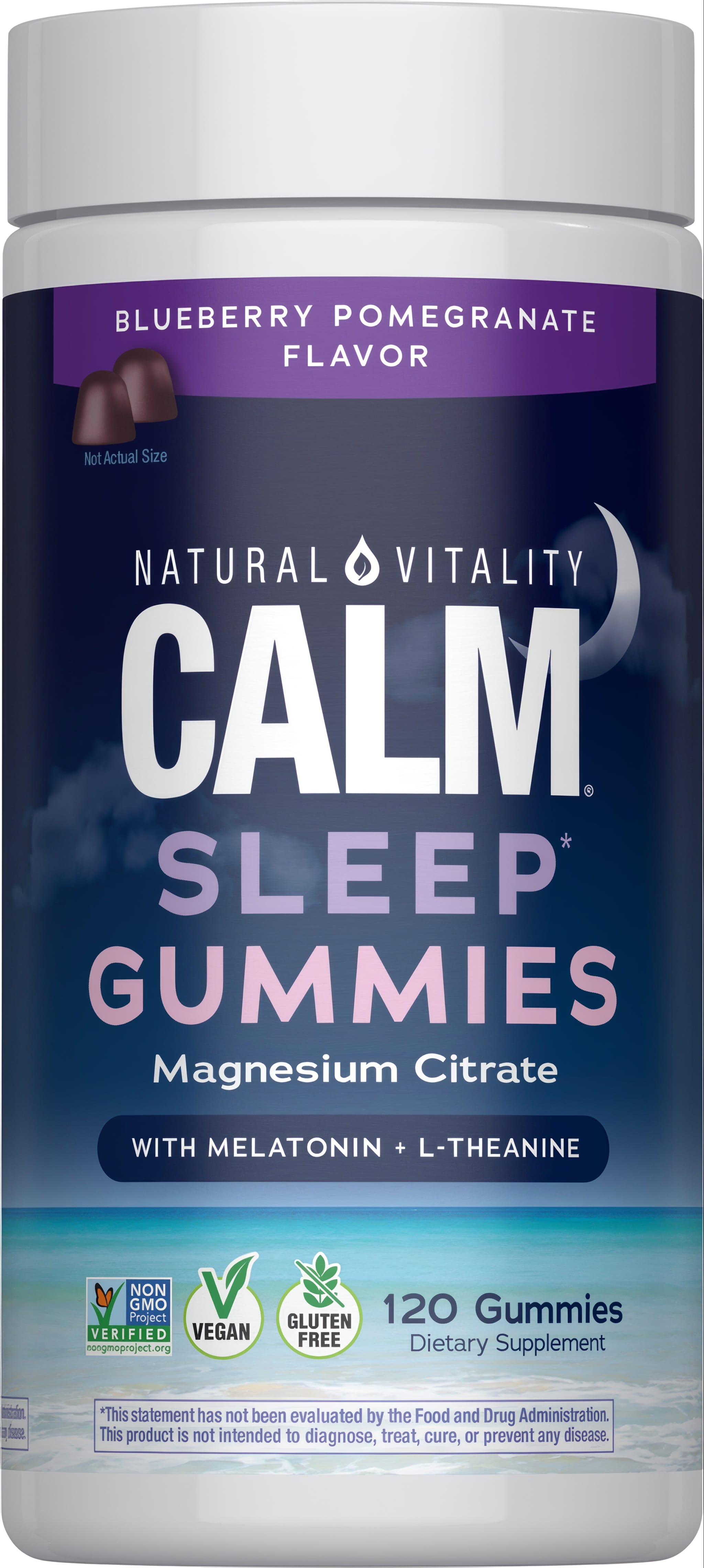 Natural Vitality Calm Sleep Gummies, Magnesium Citrate with Melatonin and L-Theanine, 120 Blueberry Pomegranate Flavor Gummies.