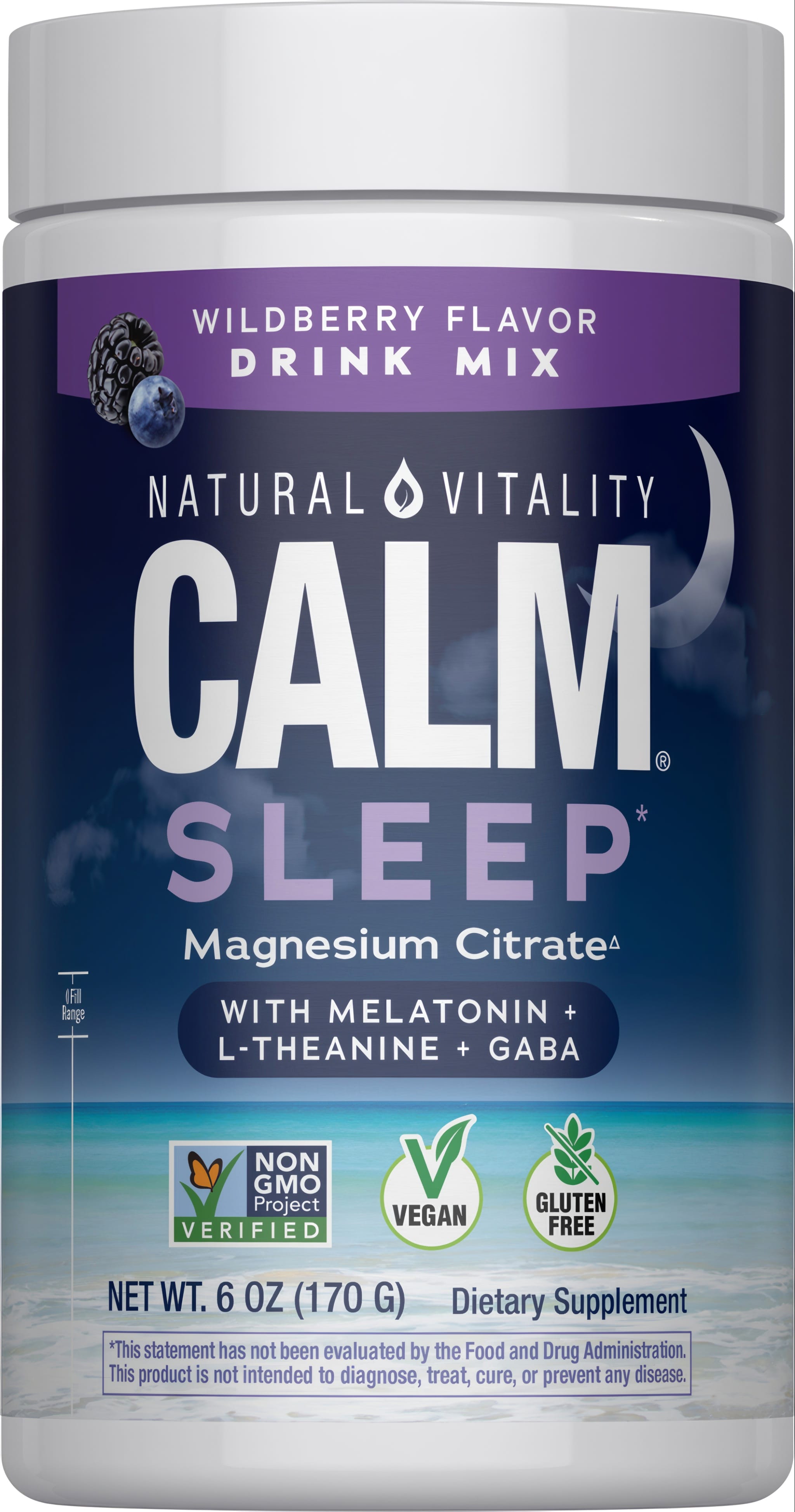 Natural Vitality Calm Sleep Magnesium Citrate with Melatonin, L-Theanine, GABA Wildberry Flavor Drink Mix, 6 oz (170 g).