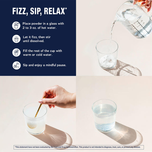 View 4 Four-panel image shows how to prepare NV Calm Mind Mag + L-Thean: Place powder in hot water, let fizz, stir, fill cup, then sip.