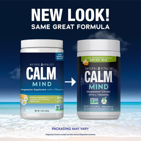 View 3 Natural Vitality Calm Mind Mag + L-Thean Honey Chamomile, 12 oz (339 g) tubs; new look, same formula.