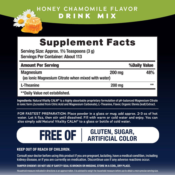 View 2 Supplement Facts for NV Calm Mind Mag + L-Thean Honey Chamomile.