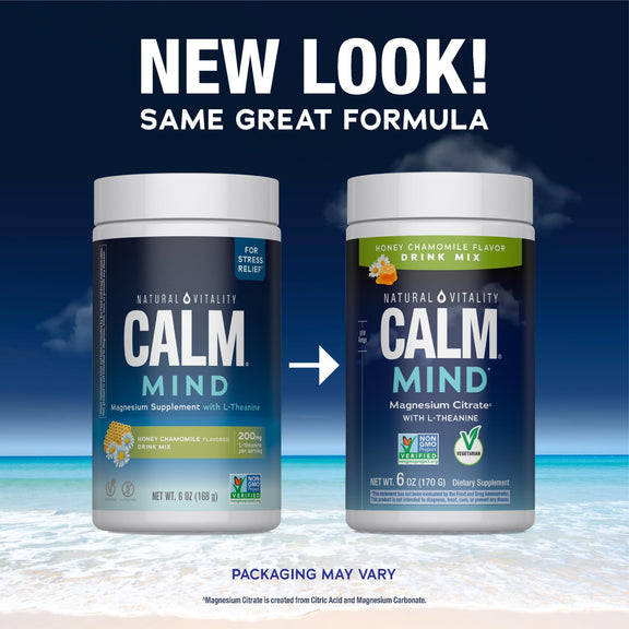 View 3 New packaging for Natural Vitality Calm Mind Magnesium + L-Theanine Honey Chamomile 6 oz drink mix, same formula.