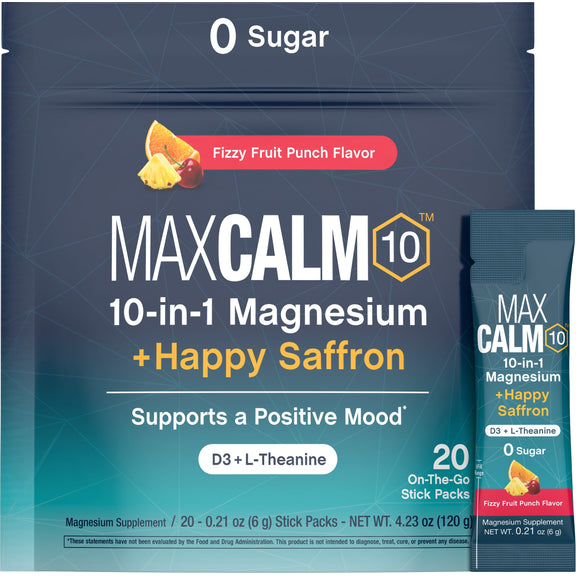 View 1 MaxCalm 10, 10-in-1 Magnesium plus Happy Saffron, Fizzy Fruit Punch flavor, zero sugar, and 20 on-the-go stick packs.