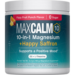MAXCALM 10-em-1 Magnésio + Açafrão Feliz Sabor Ponche de Frutas Efervescente, 6,3 oz (180 g) em Pó