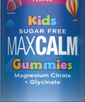 Kids Sugar Free MAXCALM Gummies in Mixed Berry flavor, featuring Magnesium Citrate and Glycinate. Contains 120 gummies.
