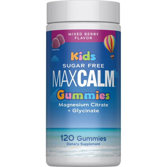 View 1 Kids Sugar Free MAXCALM Gummies in Mixed Berry flavor, featuring Magnesium Citrate and Glycinate. Contains 120 gummies.