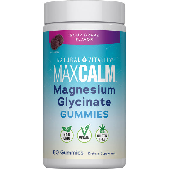 View 1 Gomas de Glicinato de Magnésio MAXCALM Sabor Uva Azeda, 50 Gomas Deliciosas