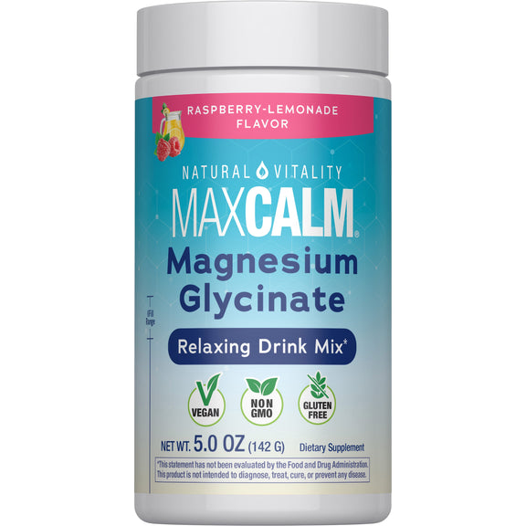 View 1 Natural Vitality MaxCalm Magnesium Glycinate Raspberry-Lemonade Drink Mix, 5.0 OZ (142 G).