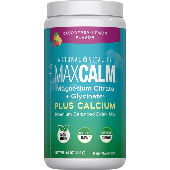 View 1 Natural Vitality MaxCalm magnesium citrate and glycinate with calcium drink mix, raspberry-lemon, 16 oz (453 G).