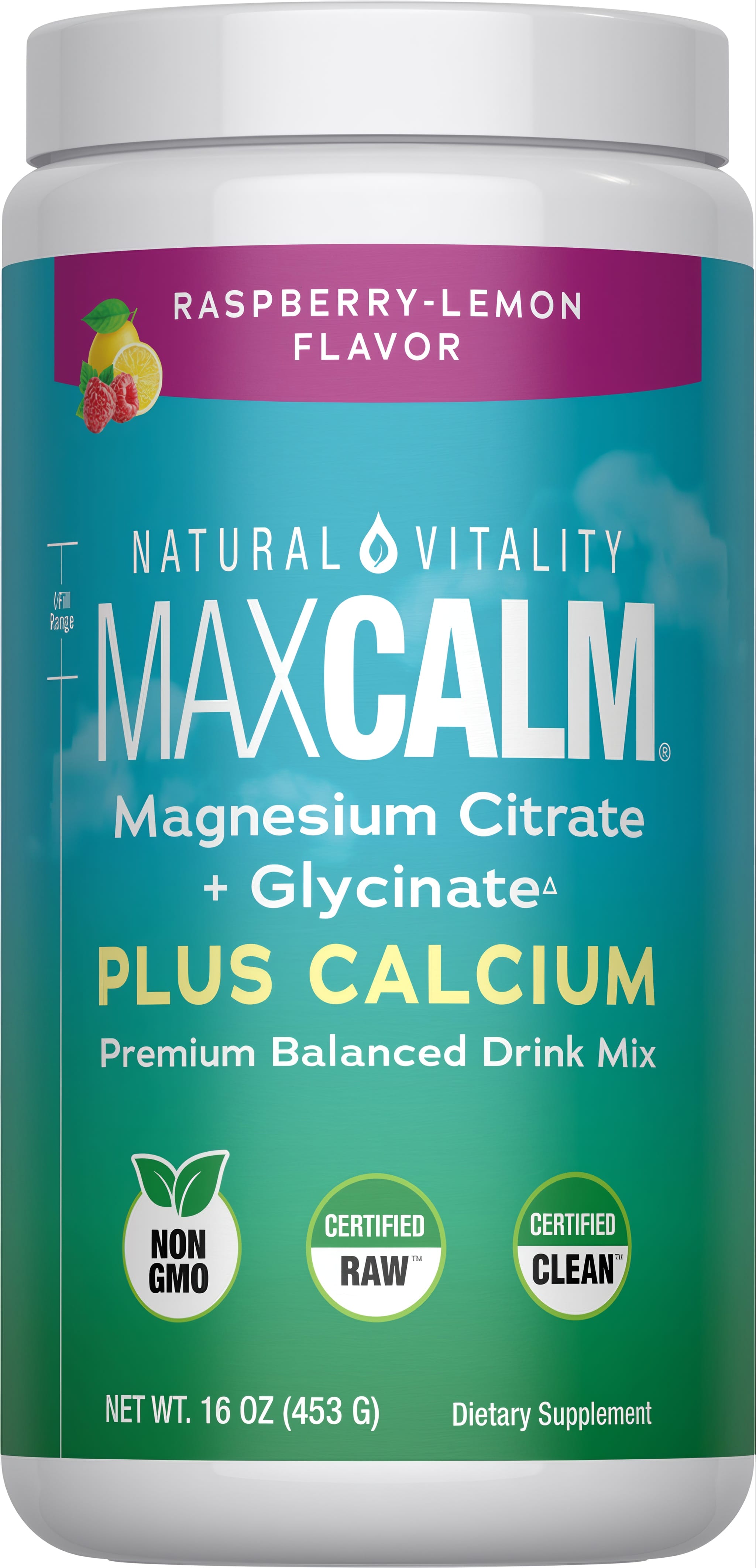 Natural Vitality MaxCalm Magnesium Citrate and Glycinate Plus Calcium Raspberry-Lemon Flavor Drink Mix, 16 oz (453 g).