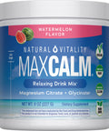 Natural Vitality MaxCalm Relaxing Drink Mix in watermelon flavor features magnesium citrate and glycinate, 8 OZ (227 G).