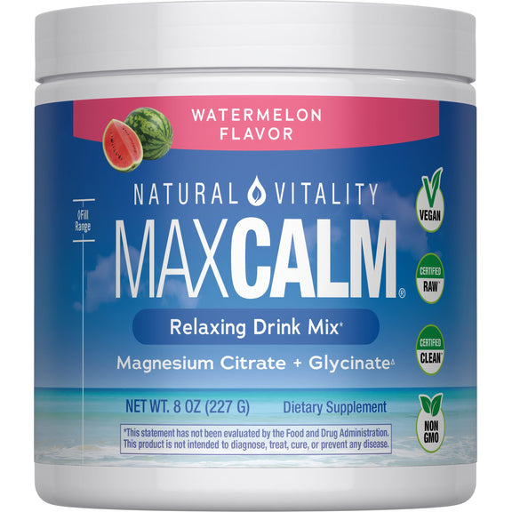 View 1 Natural Vitality MAXCALM Watermelon Flavor Relaxing Drink Mix with Magnesium Citrate and Glycinate, Net Wt. 8 oz (227 G).