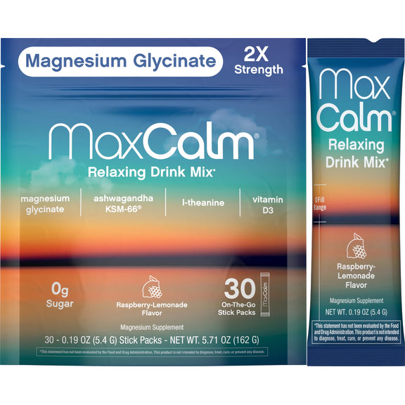 View 1 MaxCalm Magnesium Glycinate 2X Strength relaxing drink mix, raspberry-lemonade flavor, 30 stick packs, 5.71 oz (162 g).