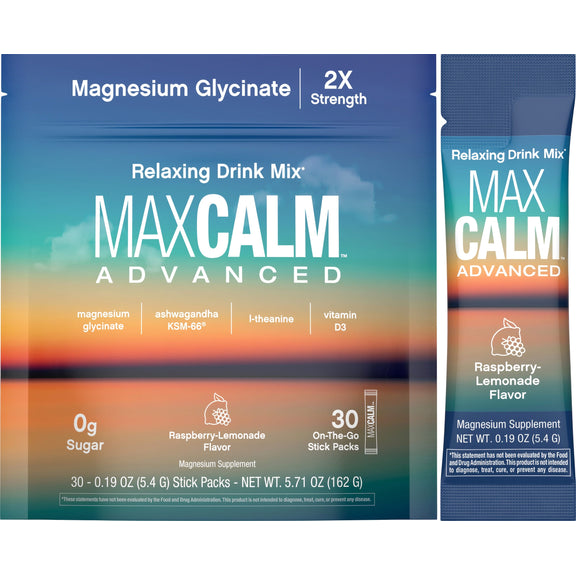 View 1 Max Calm Advanced Magnesium Glycinate with Ashwagandha, 0g Sugar, Raspberry-Lemonade flavor, 30 stick packs.
