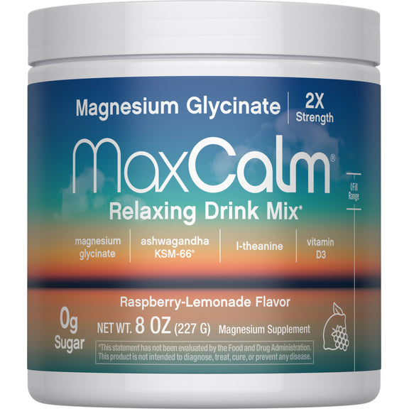 View 1 MaxCalm Magnesium Glycinate Relaxing Drink Mix, Raspberry-Lemonade Flavor, 8 oz jar, 2X Strength, 0g Sugar.