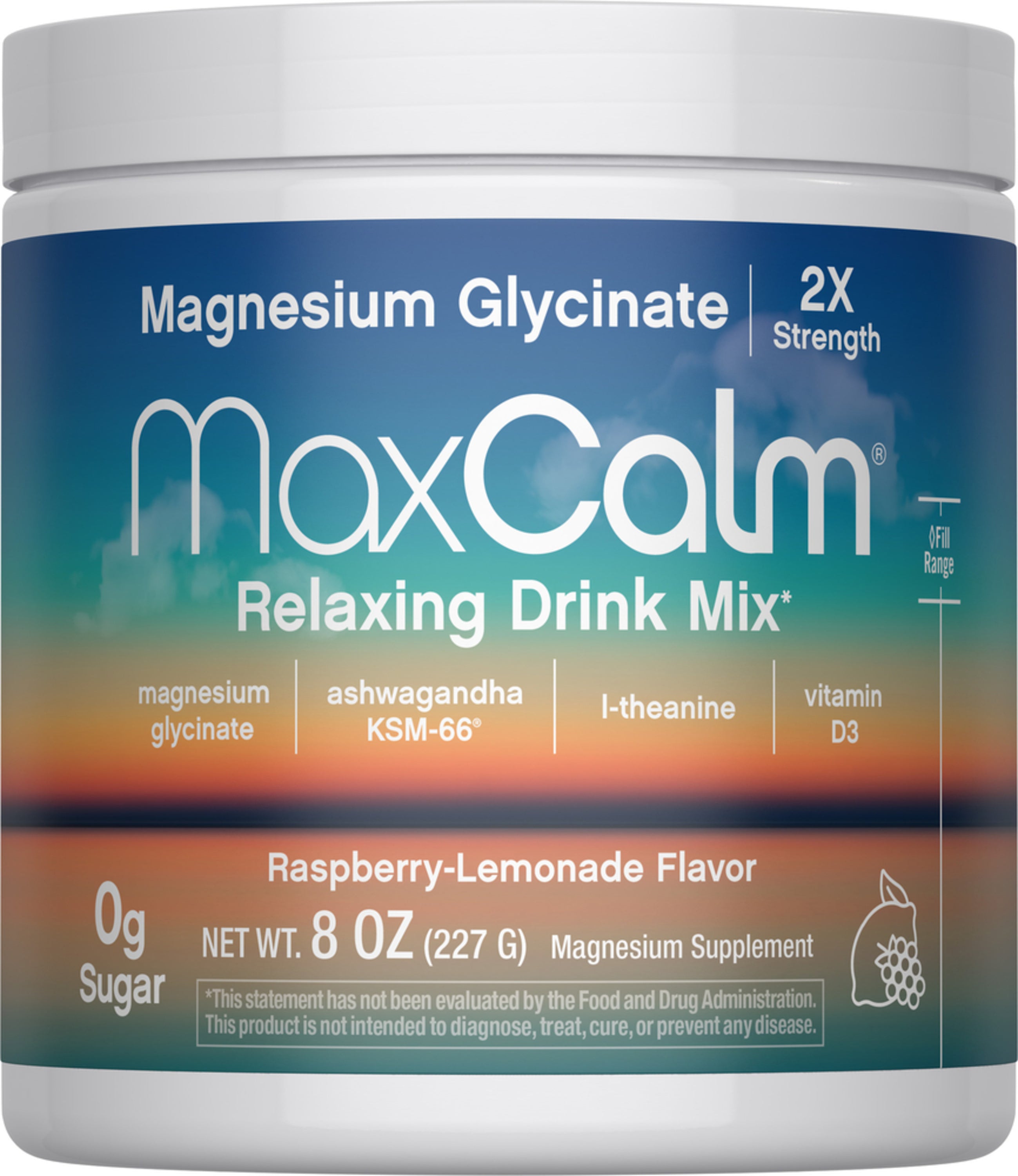 MaxCalm Magnesium Glycinate Relaxing Drink Mix container with blue and orange gradient label.