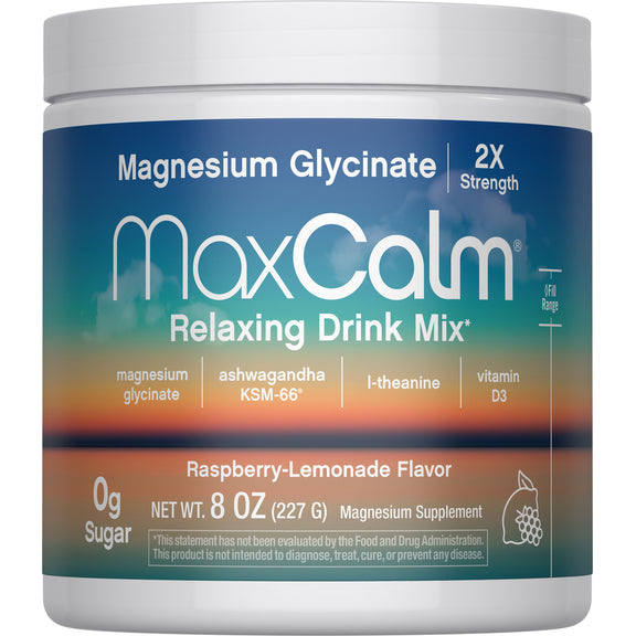 View 9 Magnesium Glycinate MaxCalm Relaxing Drink Mix, double strength, Raspberry-Lemonade flavor, 8 oz.