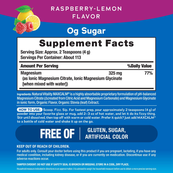View 2 The Supplement Facts panel for NV Calm Raspberry Lemon detailing ingredients and nutritional information.