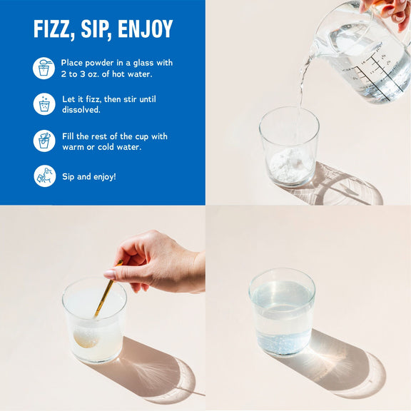 View 4 Instructions for NV Calm Lemon: 'FIZZ, SIP, ENJOY'. Visual guide shows adding powder to hot water, stirring, filling glass, and finished drink.
