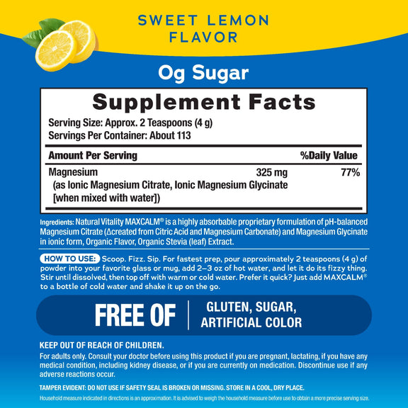 View 2 Supplement Facts panel for NV Calm Lemon 16 oz (453 g).