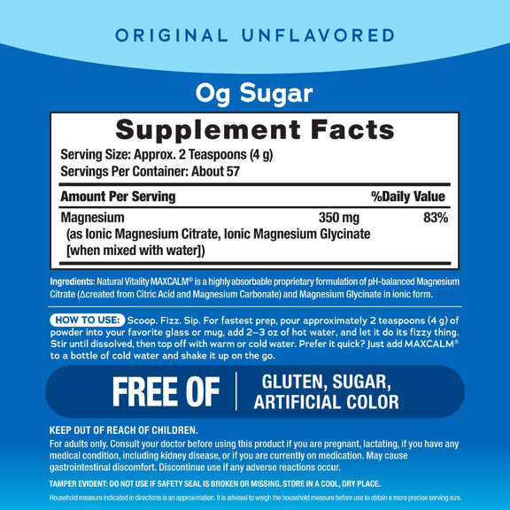 View 2 Supplement Facts panel for NV Calm Original Unflavored 8 oz (226 g).