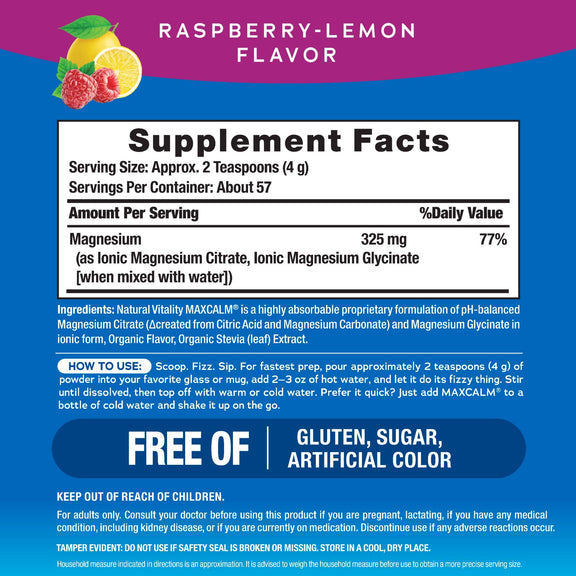View 2 Supplement Facts panel for NV Calm Raspberry Lemon flavor, detailing nutritional information, ingredients, and serving size.