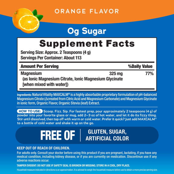 View 2 NV Calm Orange 16 oz (453 g) supplement facts panel details various nutritional components and ingredient amounts.