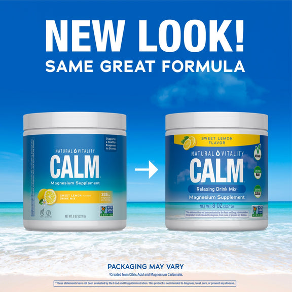 View 3 Natural Vitality CALM Sweet Lemon Magnesium Supplement, 8 oz (227 G), with both old and new packaging displayed.