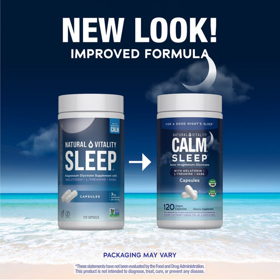 View 3 NV Calm Sleep Magnesium Glycinate + Melatonin 120 Vegan Capsules, displaying old and new packaging designs.