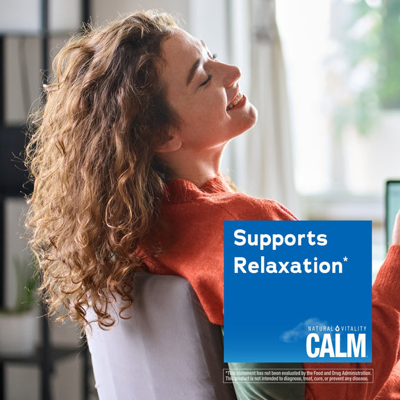 View 5 Smiling young woman relaxing with eyes closed, featuring graphic for Natural Vitality Calm that states 'Supports Relaxation*'.