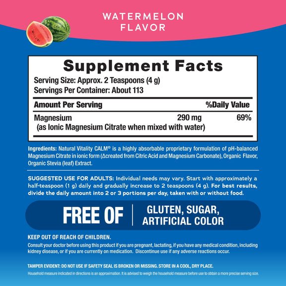 View 2 Supplement Facts label for NV Calm Watermelon, 16 oz.
