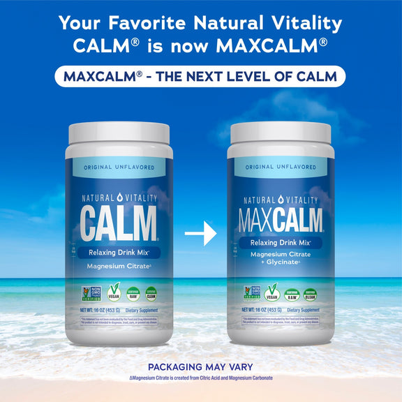 View 3 Natural Vitality Calm Original Unflavored 16 oz is now Natural Vitality MaxCalm Magnesium Citrate + Glycinate, a relaxing drink mix.