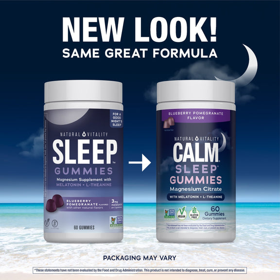 View 3 Natural Vitality Sleep Gummies with 'NEW LOOK! SAME GREAT FORMULA' text, showing old (left) and new (right) Blueberry Pomegranate 60-count bottles.